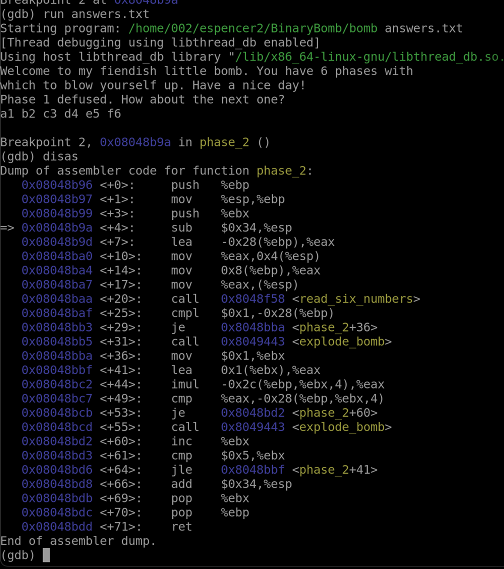 GDB Debugger output for func2